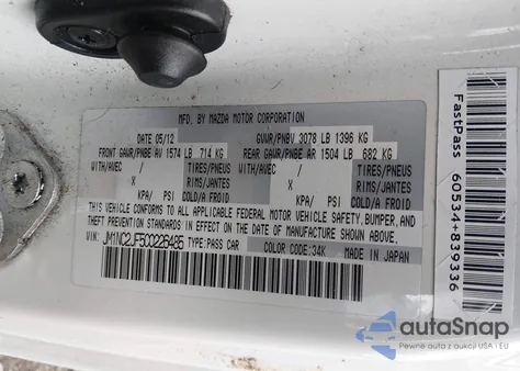 2012 Mazda Mx-5 Miata Sport из США, поврежденный, VIN JM1NC2JF5C0226485